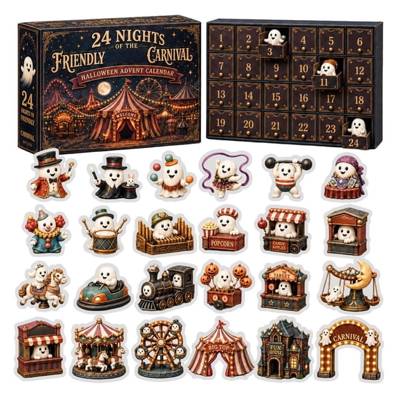 24 Nights of the Friendly Carnival Halloween Advent Calendar 2026 24Pcs 2D Acrylic Cute Ghost Carnival Figurine Ornaments Countdown Calendar Whimsical Ghost Circus & Fairground Hanging Decor