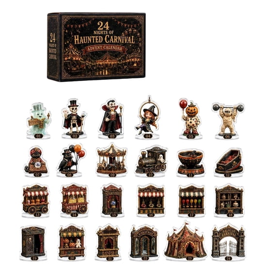 24 Nights of Haunted Carnival Advent Calendar 2026 24Pcs 2D Acrylic Spooky Carnival Figurine Ornaments Countdown Calendar Halloween Haunted Circus Themed Tabletop & Halloween Tree Hanging Decor