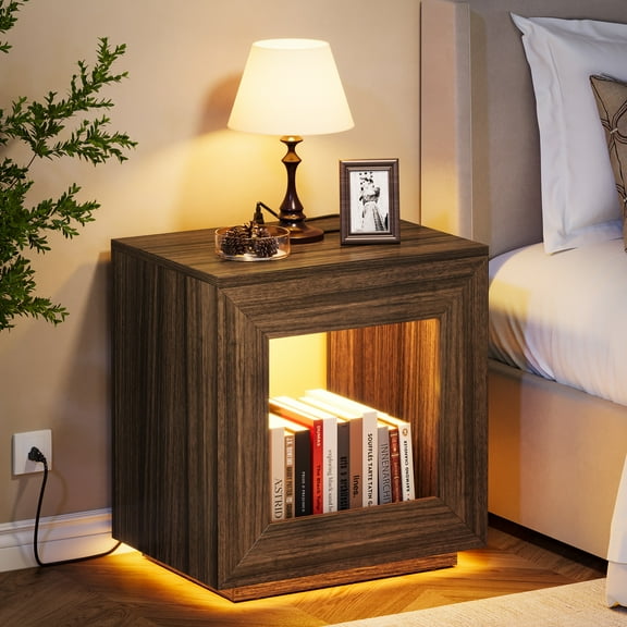 24" Nightstand for Bedroom, Rustic Nightstand with USB Ports & Storage Shelf, Farmhouse End Table with Charging Station and LED Lights, Small Side Table for Living Room