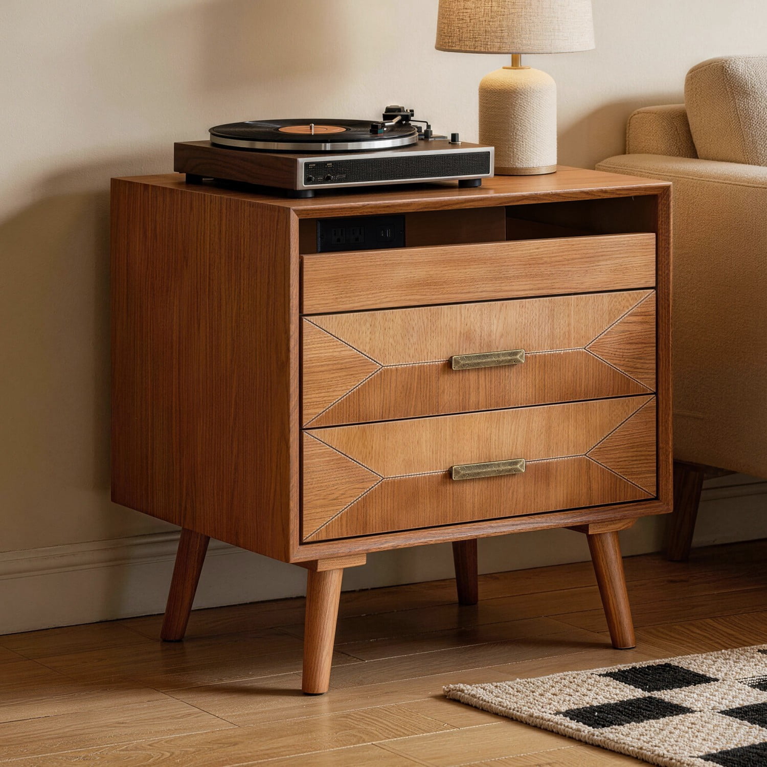 24" Nightstand with Charging Station, Wood Bedside Table with 2 Drawers, USB & Type-C Ports, Mid Century Modern End Table with Open Shelf for Bedroom Living Room Office, Light Oak