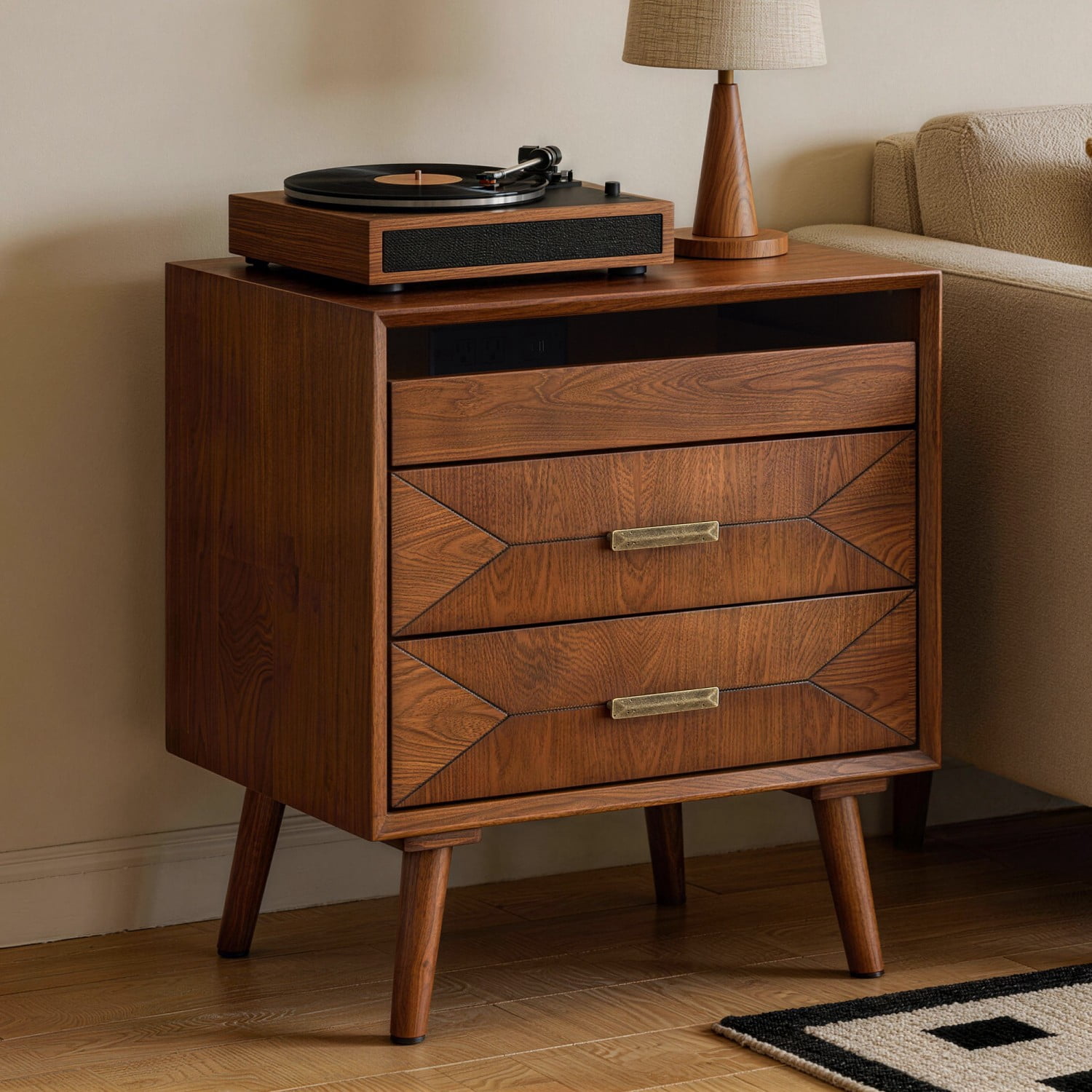 24" Nightstand with Charging Station, Wood Bedside Table with 2 Drawers, USB & Type-C Ports, Mid Century Modern End Table with Open Shelf for Bedroom Living Room Office, Walnut