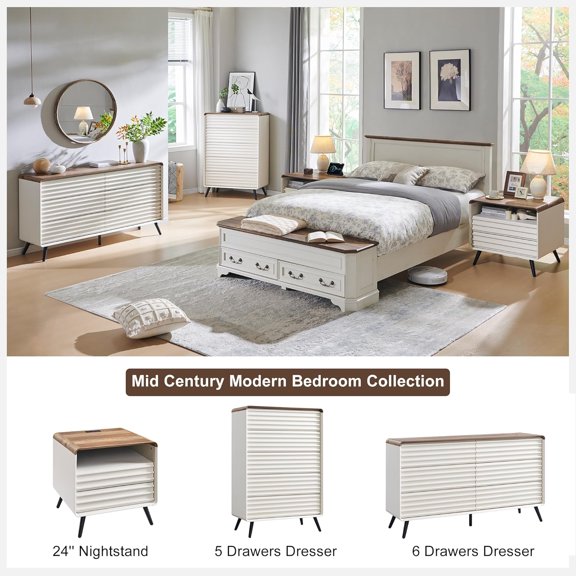 24" Nightstand, Mid Century Modern Fluted End Table with with Charger Station & 2 Drawers, Wooden Side Table with Open Cubby Storage for Living Room, Bedroom, Office (Antuique White)$$Furniture