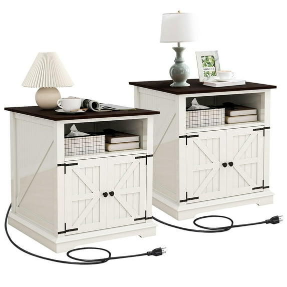 24" Nightstand with Charging Station, Set of 2 Farmhouse End Table with 2 Drawers & Adjustable Shelf, Solid Wood Legs, White