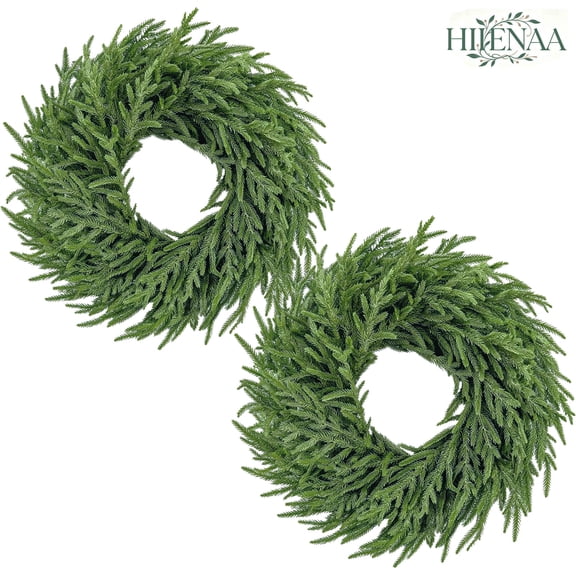 24" Norfolk Pine Wreath for Front Door, Christmas Real Touch Norfolk Pine Wreath Artificial Green Wreath Holiday Decoration for Home Decor(2 Pack)