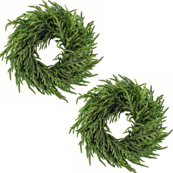 24" Norfolk Pine Wreath for Front Door, Real Touch Norfolk Pine Wreath Artificial Green Wreath Holiday Decoration for Home Decor(2 Pack)