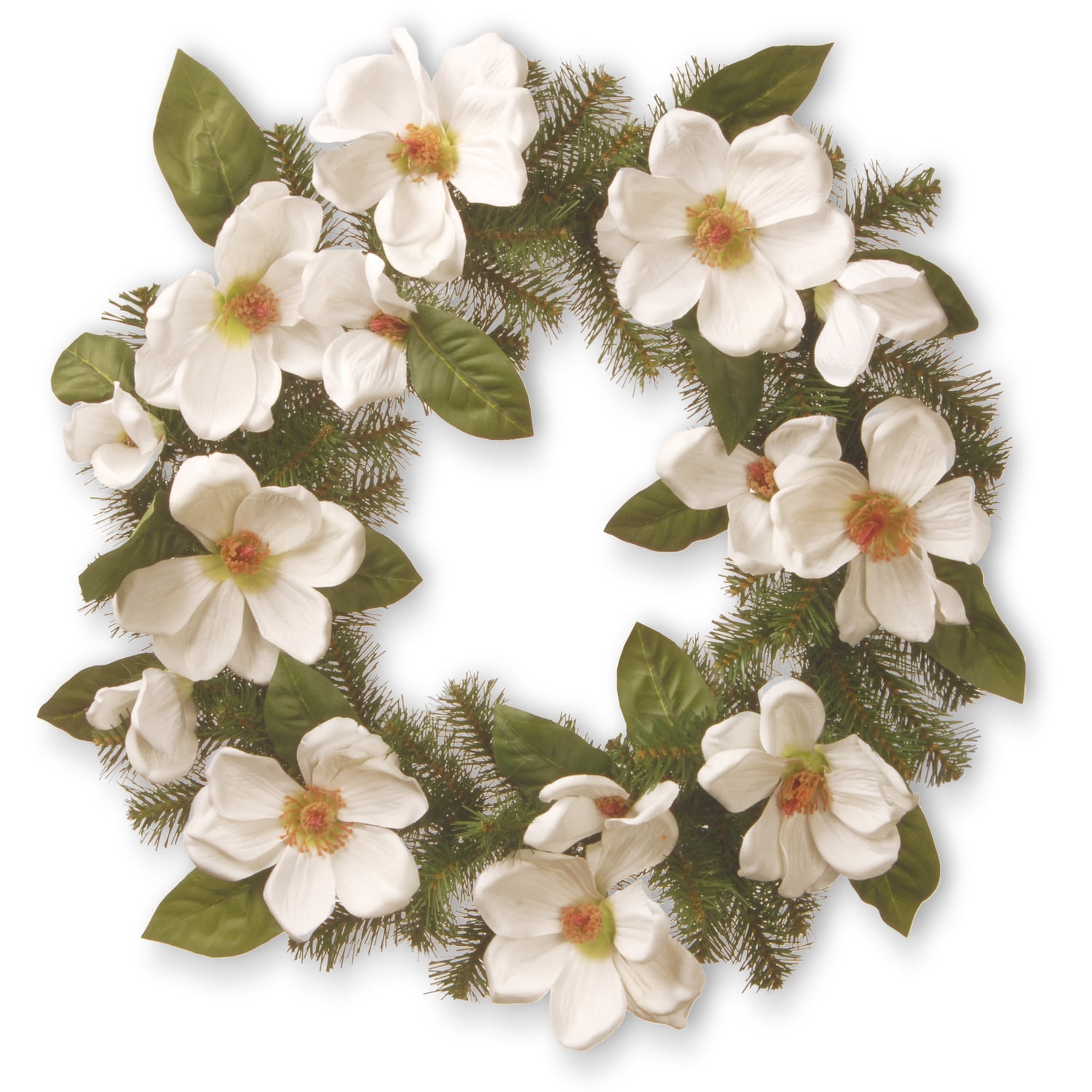 24" Artificial Pine Wreath with Cream Magnolia Flowers