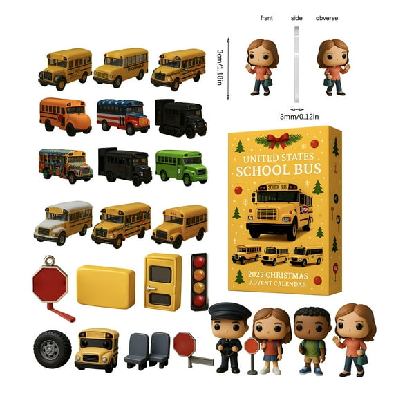24 Nostalgic School Bus Figurines, United States School Bus - 2025 Christmas Advent Calendar, 224 Days Christmas Countdown Surprise,Detailed & Lifelike Designs