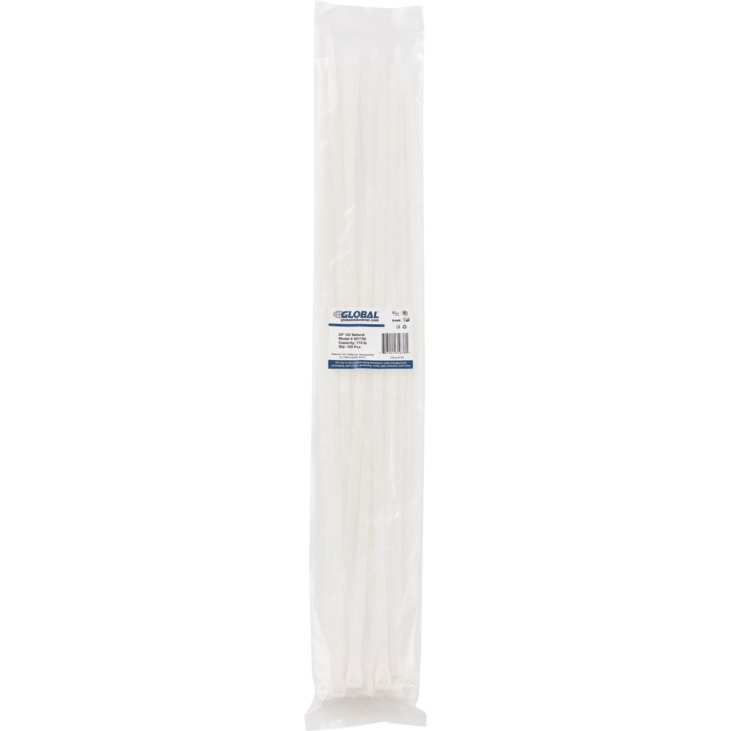 Global Industrial 24"" Cable Zip Ties Natural w/UV 175 lb 100 pack