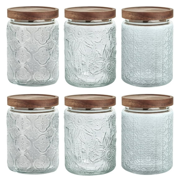 24 OZ/6PCS Glass Storage Jar with Airtight Bamboo Wooden Lids,Vintage Food Containers Canisters Sets for Kitchen Counter Pantry,Sugar,Flour,Candy,Tea,Coffee Beans,Oats,Grain Bin