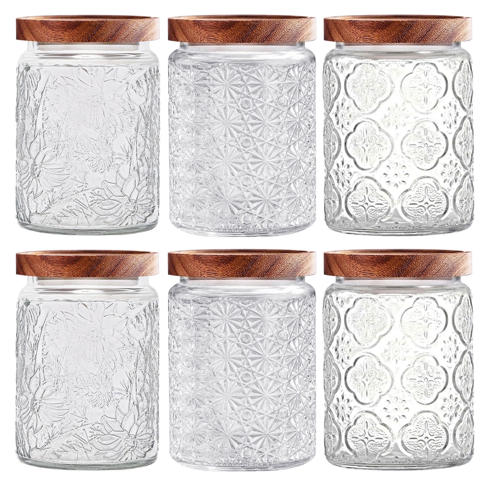 24 OZ/6PCS Glass Storage Jar with Airtight Bamboo Wooden Lids,Vintage Food Containers Canisters Sets for Kitchen Counter Pantry,Sugar,Flour,Candy,Tea,Coffee Beans,Oats,Grain Bin