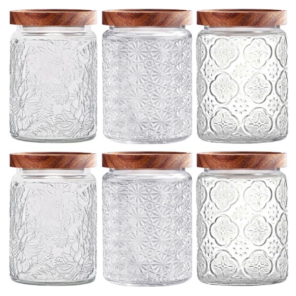24 OZ/6PCS Glass Storage Jar with Airtight Bamboo Wooden Lids,Vintage Food Containers Canisters Sets for Kitchen Counter Pantry,Sugar,Flour,Candy,Tea,Coffee Beans,Oats,Grain Bin