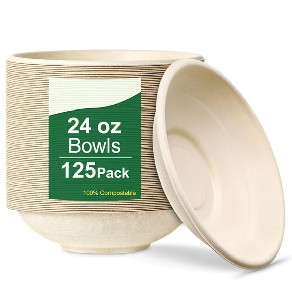 24 OZ Compostable Paper Bowls Heavy-Duty Bulk, 125 pack Natural Sugarcane Fibers Paper Bowls Disposable Bowls, Microwave Safe Bowls For Salad