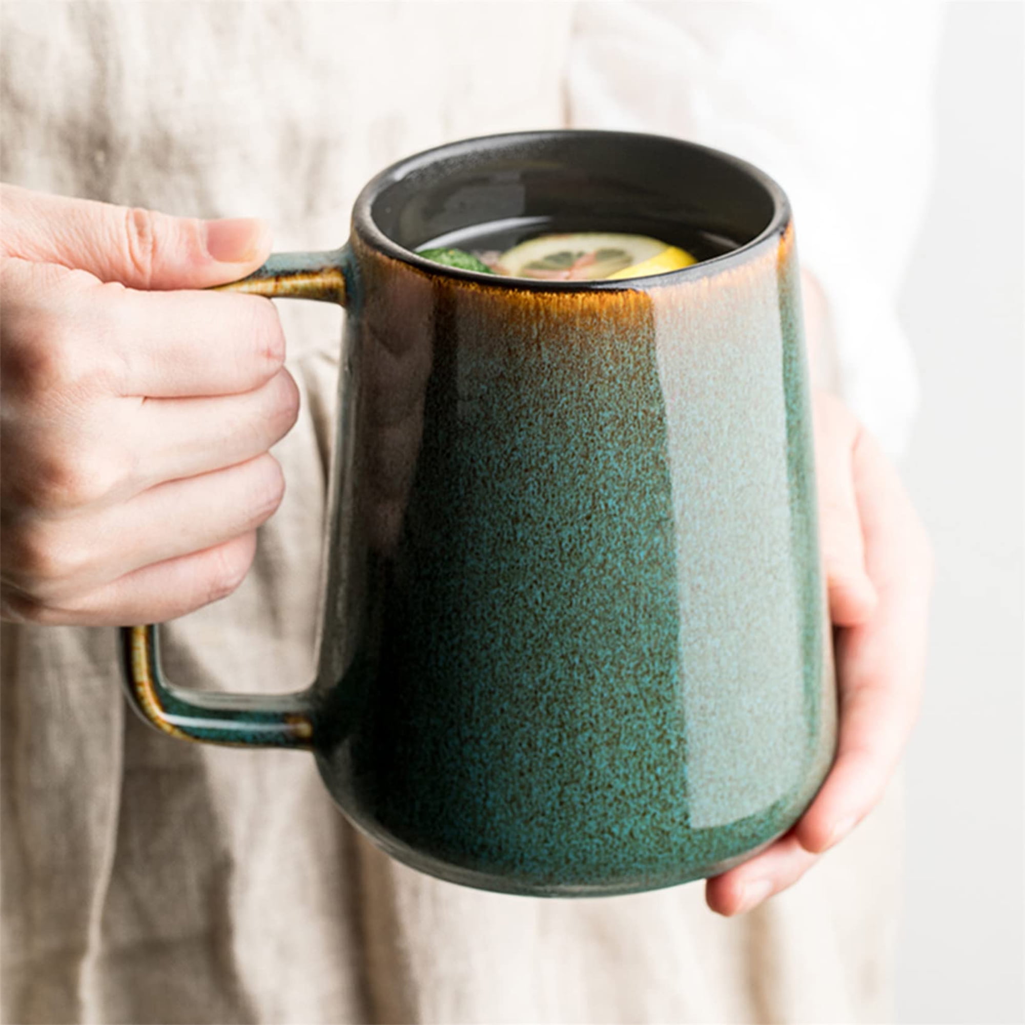 24 oz Green Ceramic Coffee Mug with Wooden Lid and Spoon
