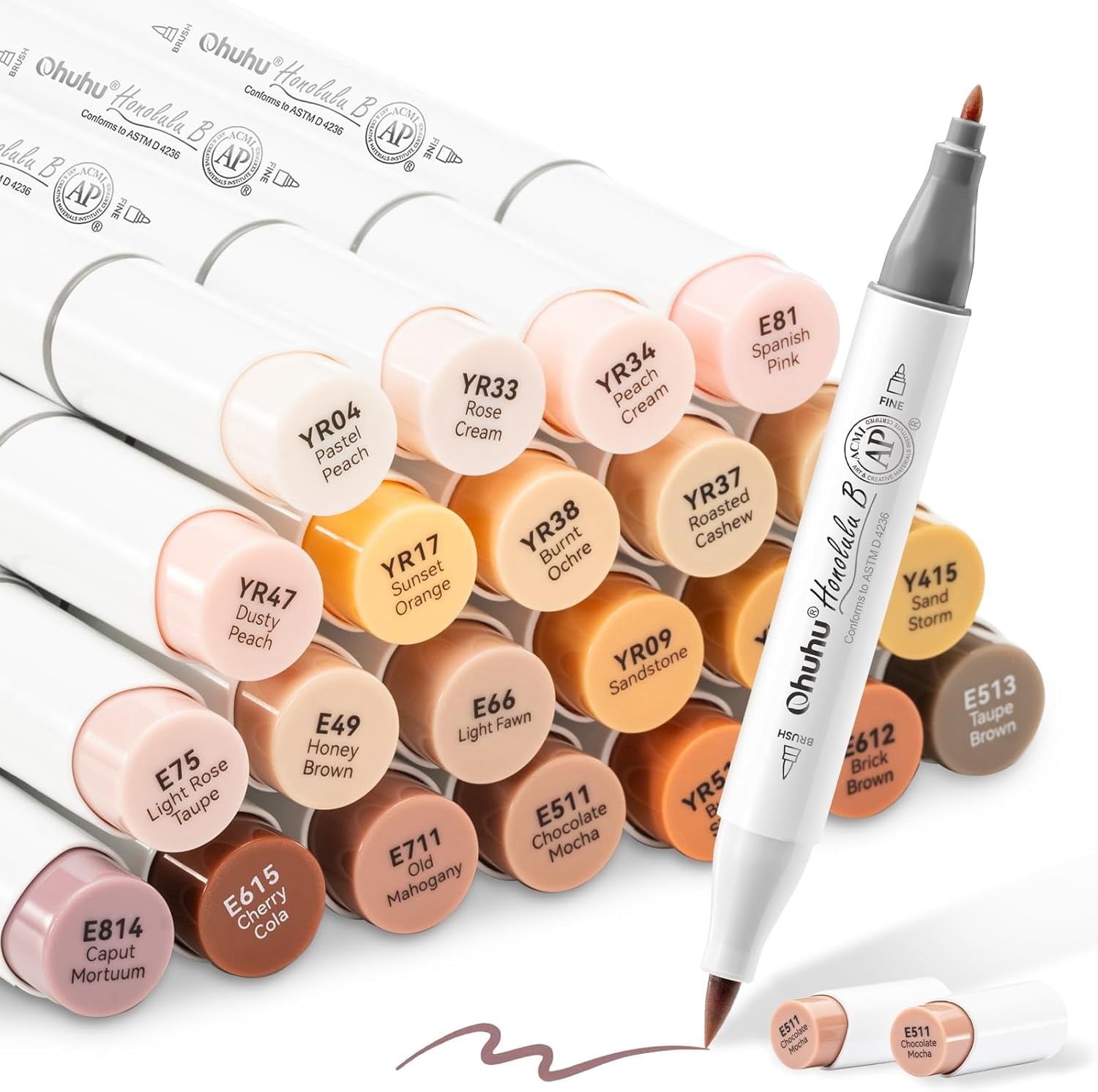 24 Ohuhu Skin Tone Markers Brush & Fine Tip Alcohol Based Markers Gifts-Honolulu B