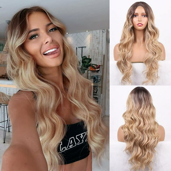 24" Ombre Blonde Synthetic Wigs for Women Lace Front Wigs Long Wavy Middle Part Hair Wig Heat Resistant Cosplay Wigs for Daily Party