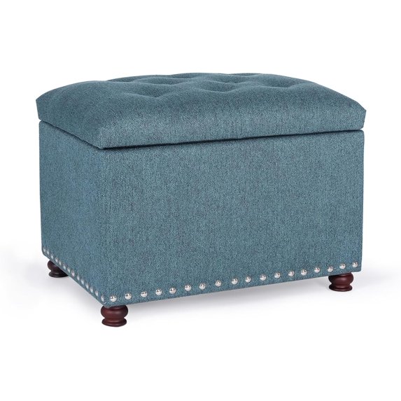 24'' Ottoman with Storage, Upholstered Storage Ottoman Stool, Linen Fabric Cube Footstools Small, Hinged Foot Rest Stool for Living Room Bedroom, Lake Blue