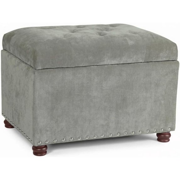 24'' Ottoman with Storage, Upholstered Storage Ottoman Stool, Velvet Tufted Cube Footstools Small, Hinged Foot Rest Stool for Living Room, Bedroom, Light Grey