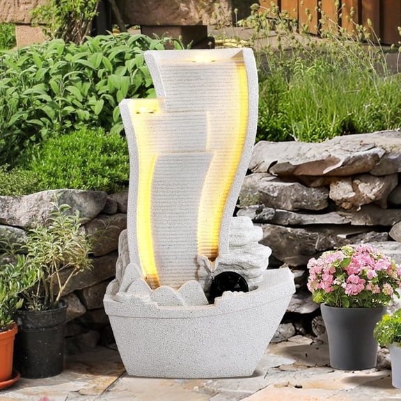 24" Outdoor Large Garden Fountain, 4-Tier Cascading Water Fountain with LED Lights, Resin Curved Faux Slate Waterfall Fountains, Modern Sailing Ship Water Feature for Yard and Patio, White