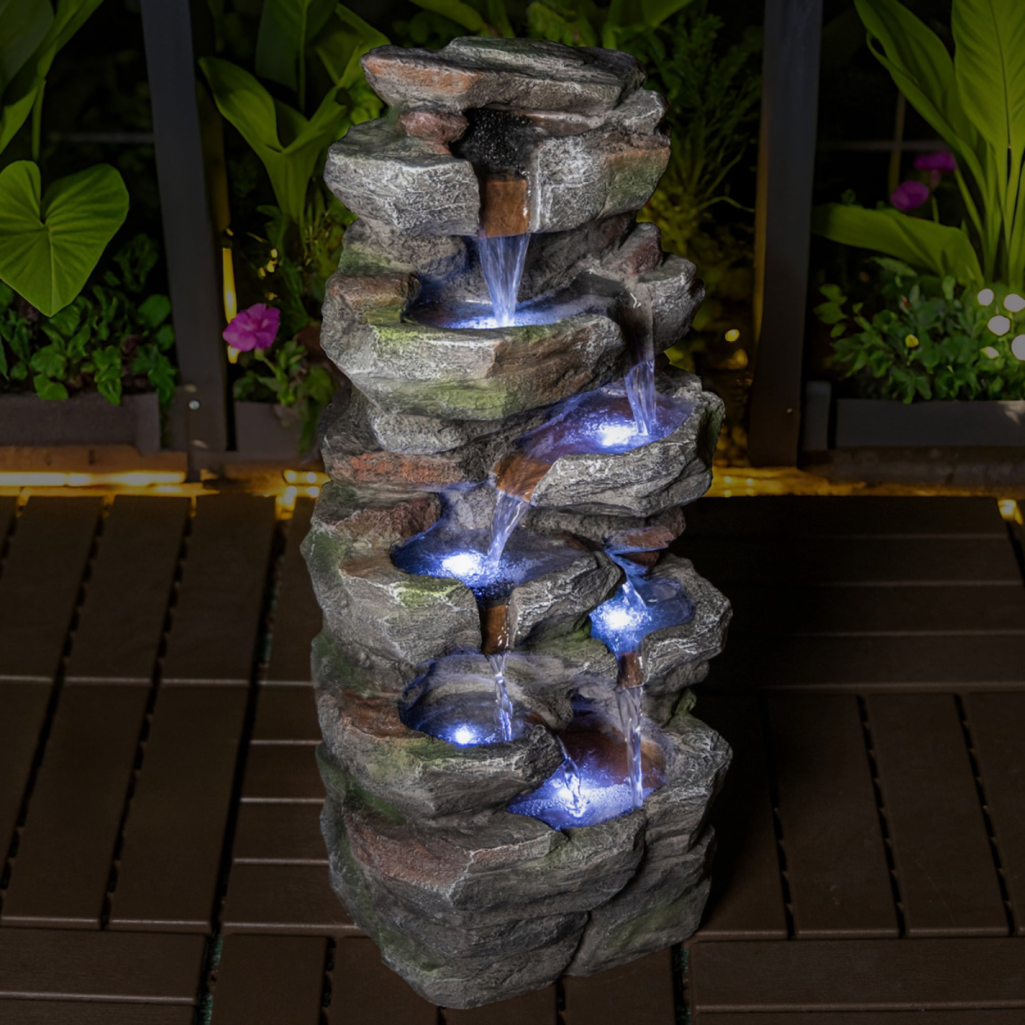 24" Outdoor Rock Waterfall Fountain with Cool LED Lights, 5-Tier Cascading Resin Water Feature for Serene Garden, Patio, Backyard and Porch Decor