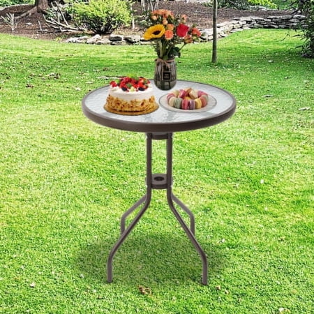 24" Outdoor Round Patio Bistro Table Tempered Glass Tabletop Dining Coffee Table