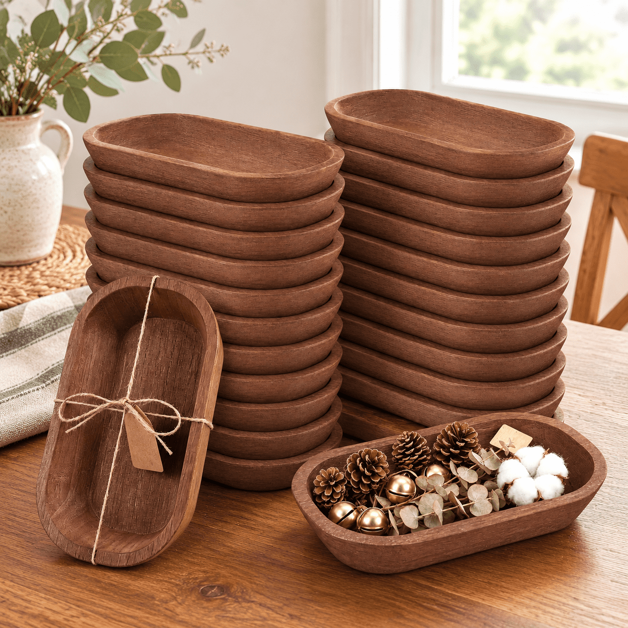 Rustic Bowl Set 24 Oval Wooden Dough Bowl Set, Rustic Paulownia Wood Decorative for ...