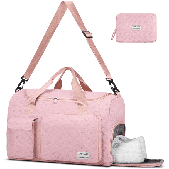 Travel Duffle Bag for Women Men, Foldable Weekender Bags Carry on Gym Bag with Wet Pocket/Adjustable Strap/Shoe Compartment, Waterproof Overnight Tote Bag for Plane Sports Dance, Pink