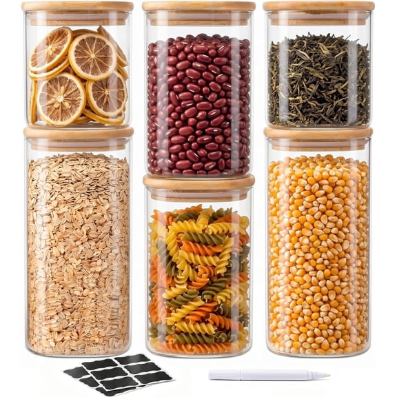 24 Oz/ 37 Oz/ 51 Oz Glass Storage Jars with - 6 Pack Clear Glass Canisters Square Airtight Stackable Ideal for Pantry Storage Containers for Cereal Coffee Beans Snacks etc