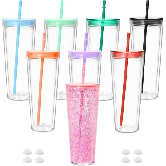 24 Oz Acrylic Snowglobe Tumbler, 8 Pack Pre-Drilled Double Wall Plastic Snowglobe Cup for Glitter Snow Globe DIY, Colorful Lid