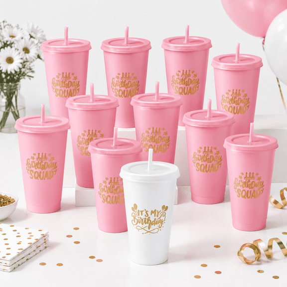 24 Oz Birthday Squad Plastic Tumblers, Set of 12, White and Pink
