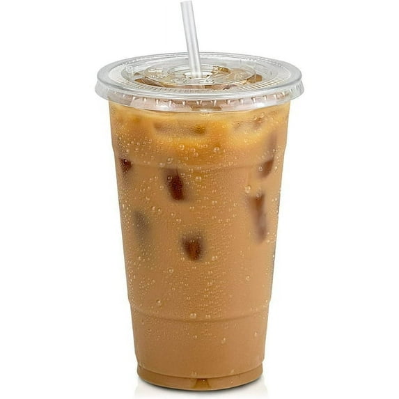 24 Oz Clear Plastic PET Cups With Flat Lid & Straw Qty 150
