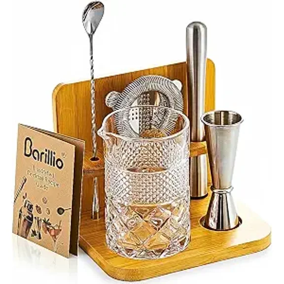 24 Oz Crystal Cocktail Mixing Glass with Bamboo Stand and 7-Piece Bar Tool Set