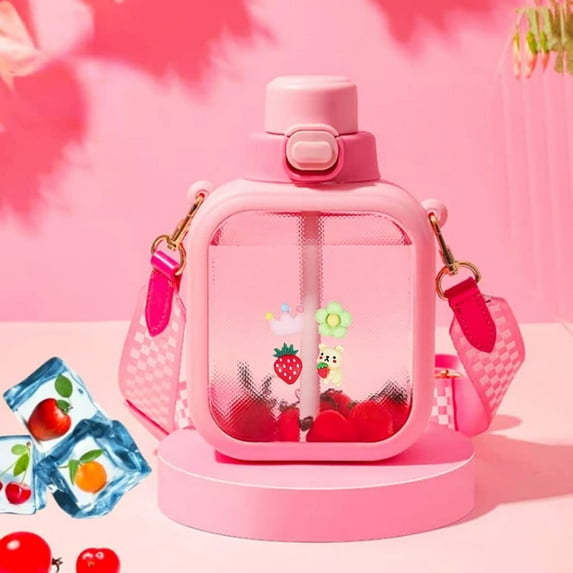 24 Oz Cute Clear Water Bottle Cold Chil Icel with Straw Portable Kawaii Transparent Bottles with Adjustable Strap for School Travel Camping Sports Travel (B-Green)