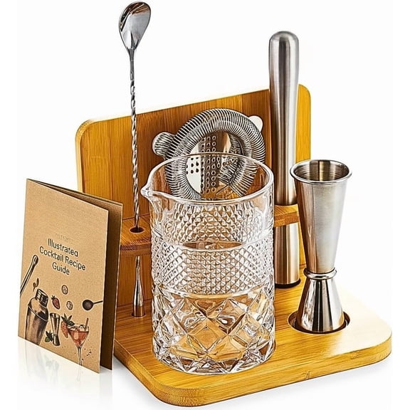 24 Oz Mixing Glass with Stand & Bar Tools | Seamless , Weighted Base Stirring Pitcher | Including Muddler, Mixing Spoon, Jigger and Strainer