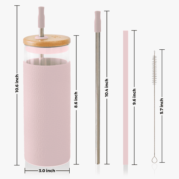 24 Oz Reusable Boba Cup with Bamboo Lid | 2 Straw With Silicon Tip and Cleaning Brush | Smoothie cup glass tumbler with straw and lid bamboo | Glass Boba Cup with Sleeve