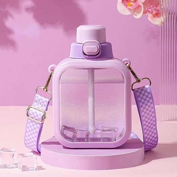 24 Oz Square Transparent Water Bottle, Cute Portable Travel Canteen with Adjustable Strap 700ml (Green)