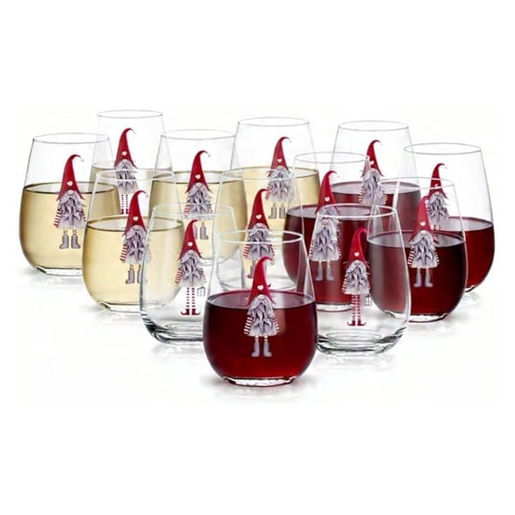 24-PACK Stemless Wine Glasses, 20oz Holiday Festive Gnomes Christmas Theme, Clear Glass for Red or White Wine