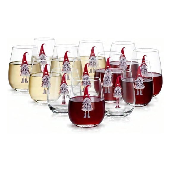 24-PACK Stemless Wine Glasses, 20oz Holiday Festive Gnomes Christmas Theme, Clear Glass for Red or White Wine
