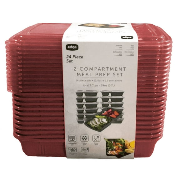 24 PC 2 Section Rectangle Meal Prep Set (12 trays and 12 Lids) Red