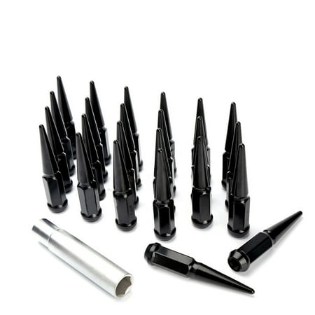 24 PC Solid Spline Spike Lug Nuts Kit | Black | 12x1.5 | Chevy | with Key