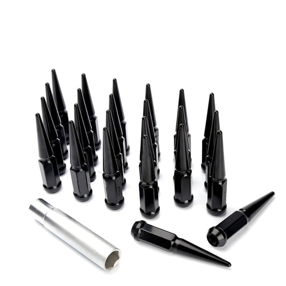 24 PC Solid Spline Spike Lug Nuts Kit | Black | 12x1.5 | Chevy | with Key