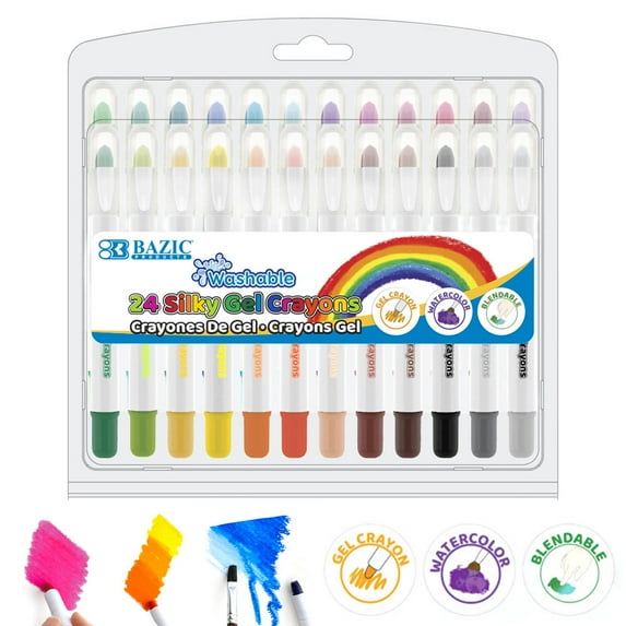 BAZIC Silky Gel Crayons 24 Color, Washable Blendable Watercolor Crayon (24/Pack), 1-Pack