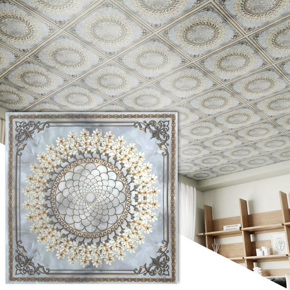 24 PCS 2x2 Ft High-Strength Ceiling Tiles, 24x24 Inch Gilded Floral Ceiling Panels, Rigid PVC Waterproof Washable Cuttable Material Ideal for Living Room Bedroom Basement, Cover 96 Sq.Ft