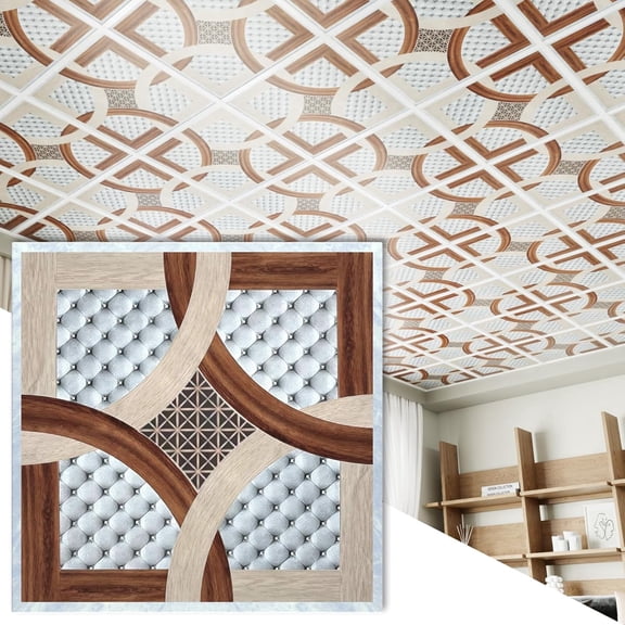 24 PCS 2x2 Ft High-Strength Ceiling Tiles, 24x24 Inch Wood & Tufted Geometry Ceiling Panels, Rigid PVC Waterproof Washable Cuttable Material Ideal for Living Room Basement Cover 96 Sq.Ft