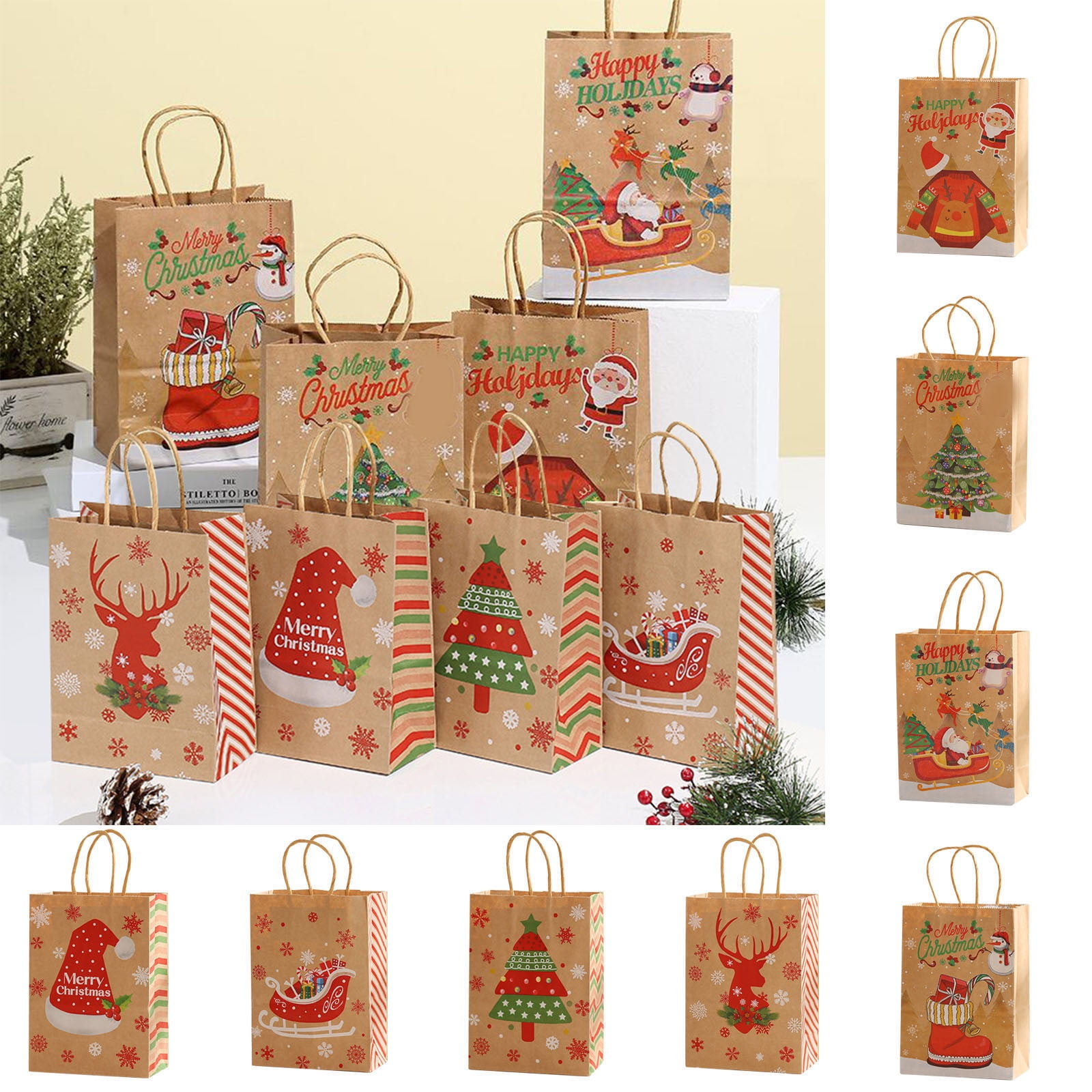 24 PCS 5.9x3.2x8.1 Inch Christmas Gift Bags,Christmas Brown Paper Bags