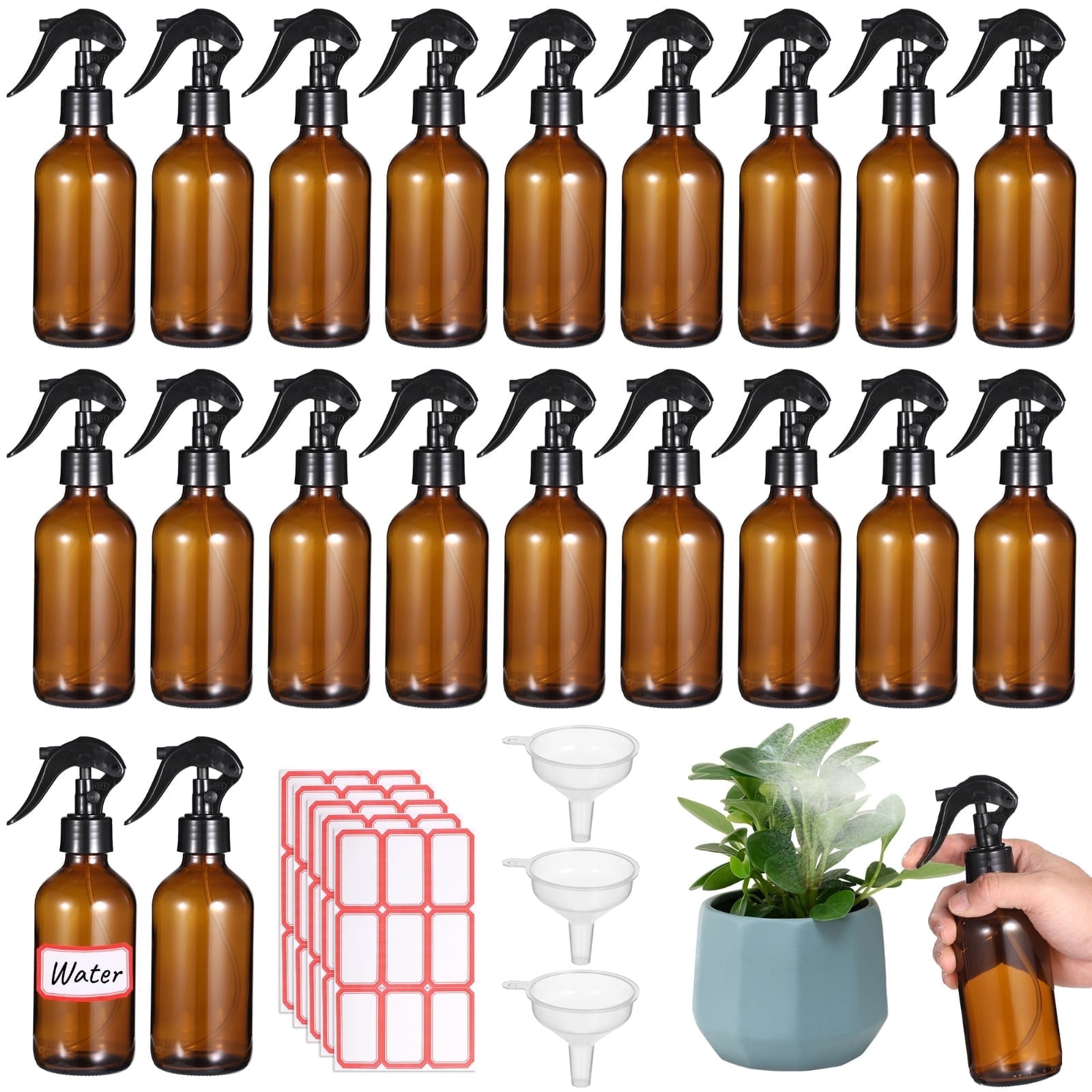 24 PCS 8 oz Glass Spray Bottles, Brown Glass Sprayer with Funnels and Labels, Refillable Fine Mist Trigger Bottles for Essential Oils, Cleaning Solutions, Haircare, Plants, Room Fresheners, DIY Cosme