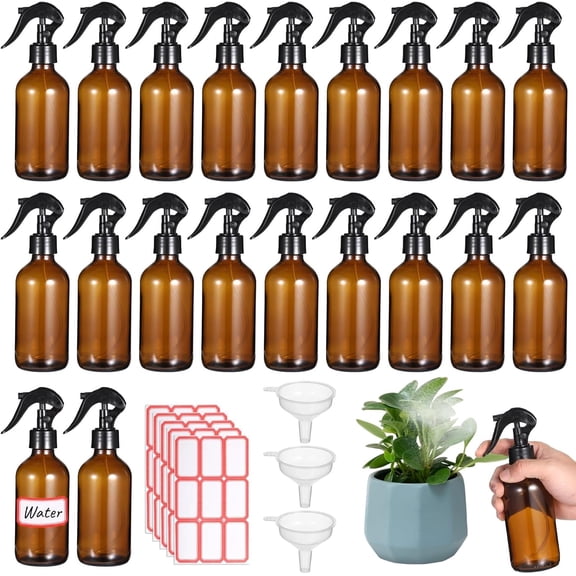 24 PCS 8 oz Glass Spray Bottles - Brown Glass Sprayer with Funnels and Labels, Refillable Fine Mist Trigger Bottles for Essential Oils, Cleaning Solutions, Haircare, Room Fresheners, DIY Cosmetics