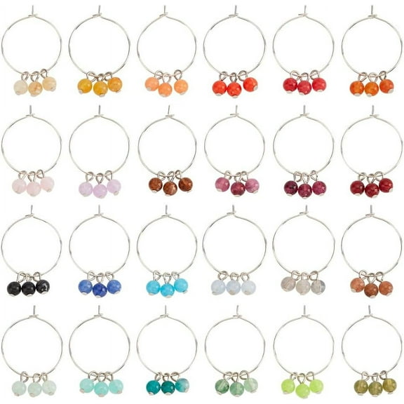 24 PCS Acrylic Wine Glass Markers - Gemstone Beaded Tassel Brass Ring Charm Set for Wedding Receptions Beach Parties