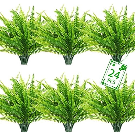 24 PCS Artificial Ferns for Outdoors, Fake Boston Fern Plants Greenery Outdoor UV Resistant Bushes Plastic Plants Shrubs for Window Box Front Porch Garden Decor$$Home Decor, Kitchen, & Other