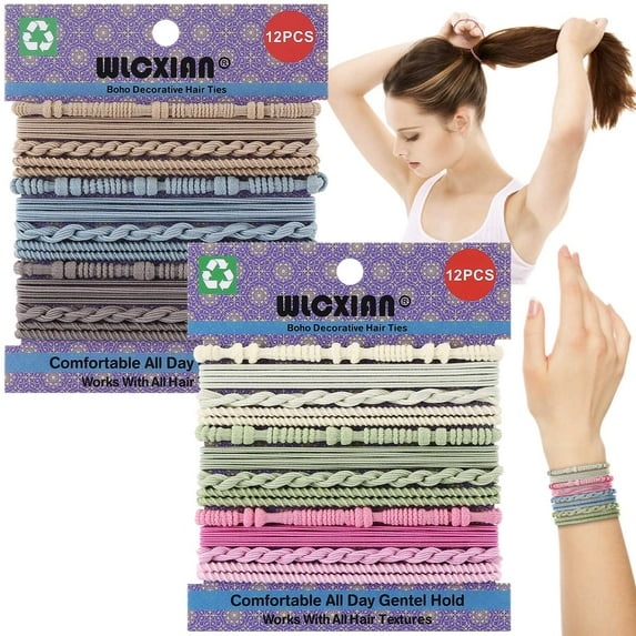 24 PCS Boho Hair Ties for Women, 6 Gothic Colors Decorative Hair Tie Bracelet for Thick or Thin Hair, 4 Styles 2.36'' Cute Hair Bands for Ponytail Holders, No Damage Elastic Hair Ties for Girls