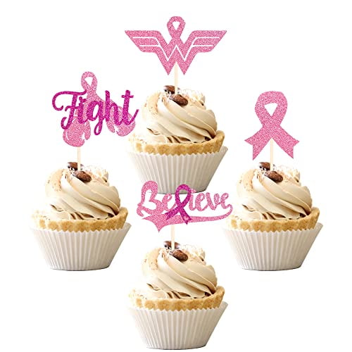 24 PCS Breast Cancer Awareness Cupcake Toppers Glitter Pink Ribbon ...
